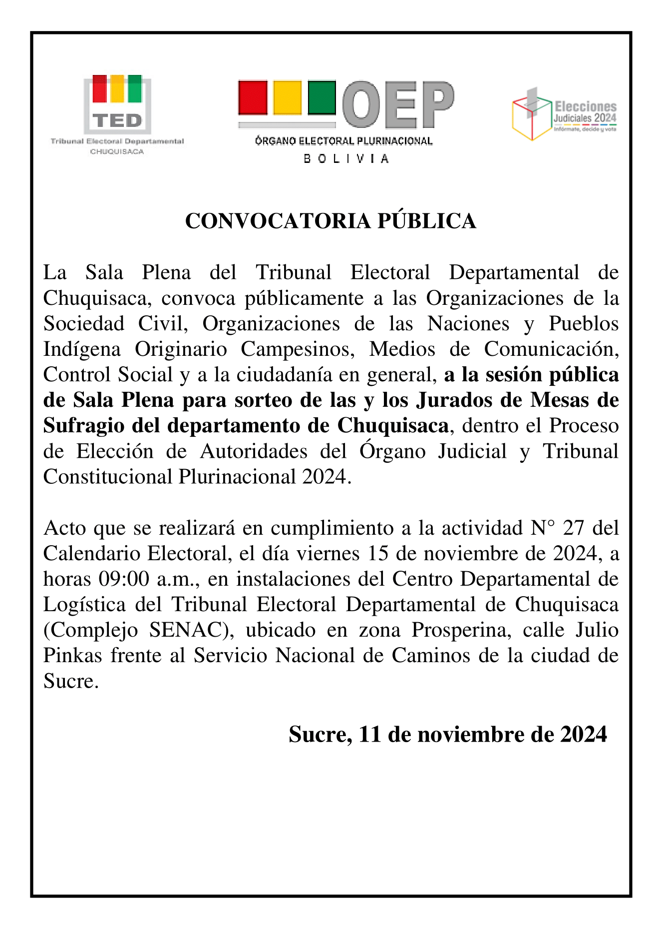 Convocatoria Pública al Sorteo de las y los Jurados de Mesas de Sufragio Chuquisaca
