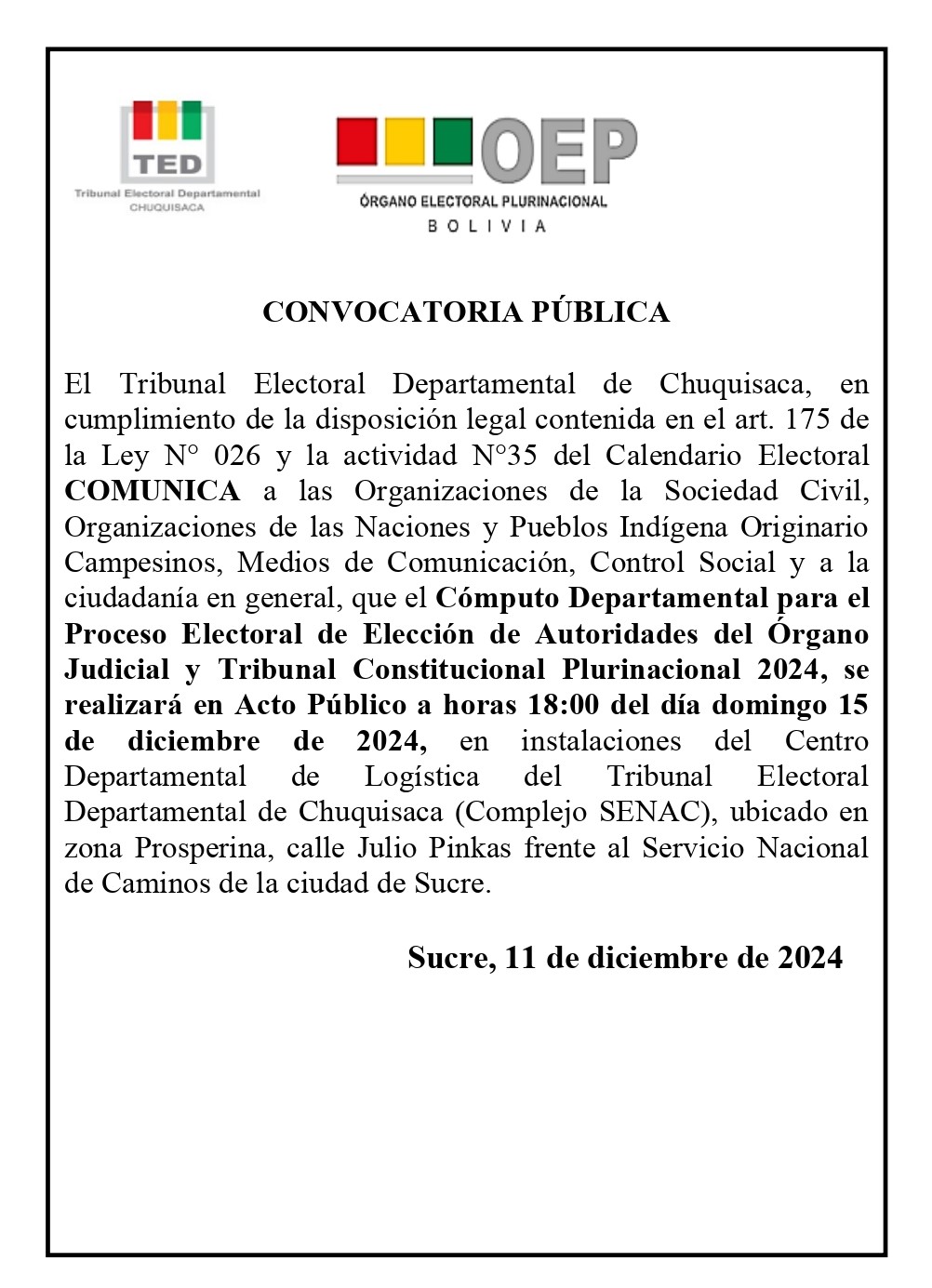 Convocatoria a la Sesión Pública – Elecciones Judiciales 2024